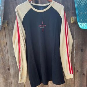 Nautica Men's Black and Tan Long Sleeve Tee with Red Stripes